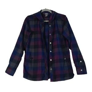 Outdoor Research Shirt‎ Womens XS Blue Purple Plaid Hooded Snap Front Flannel
